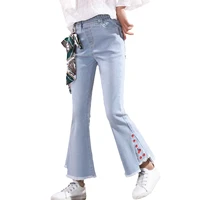 kid girls youth junior denim jeans bell bottom flare pants high waist wide leg leggings ruffled trousers with multiple pockets