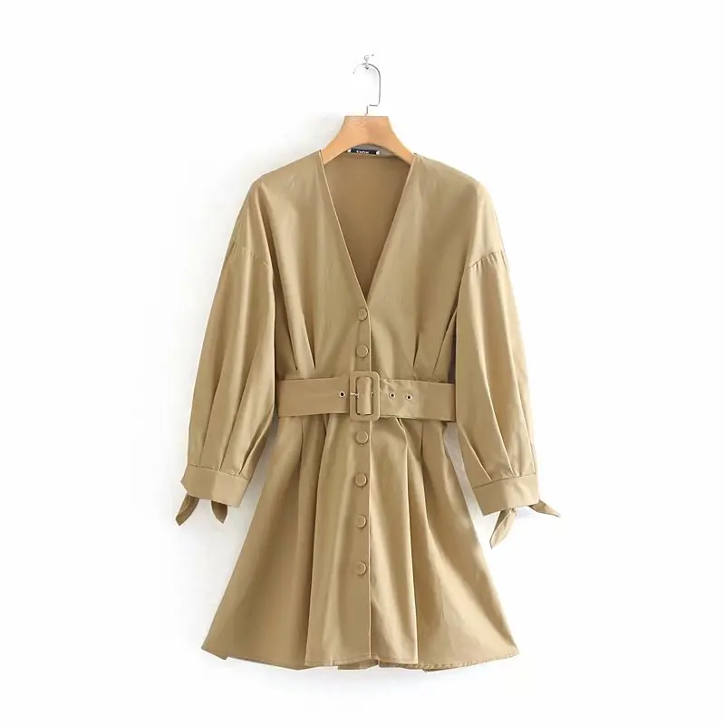 Новинка женское осеннее платье одноцветное с v образным вырезом поясом Женский