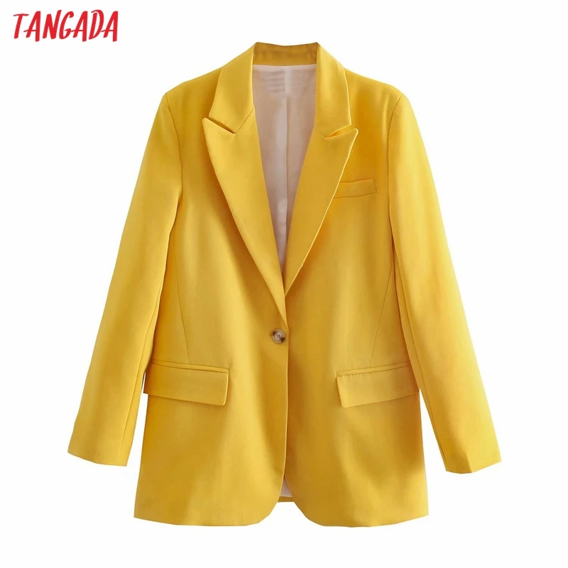 

Tangada Women 2021 Fashion Yellow Blazer Coat Vintage One Button Long Sleeve Female Outerwear Chic Tops 4M139