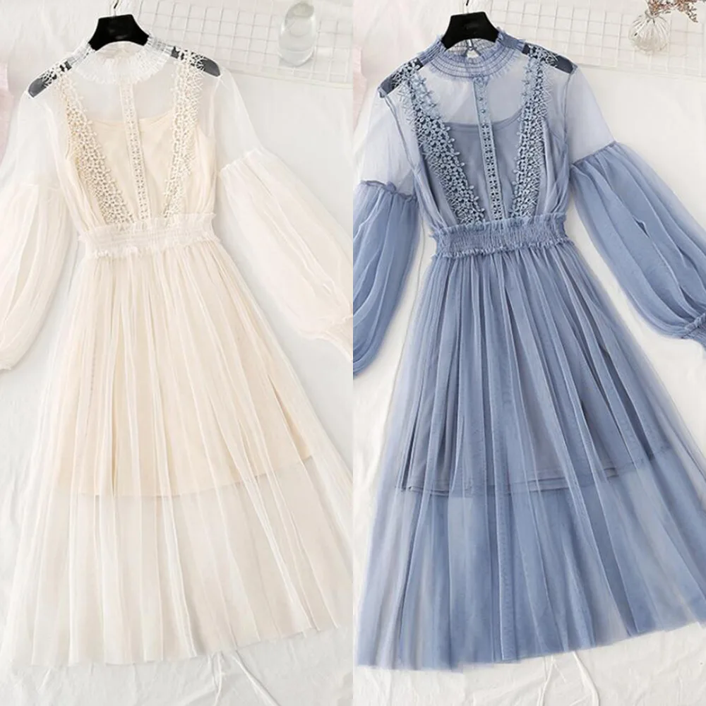 

Dress Sweet Mesh Women Lantern leaf collar Midi Dress waist Lace Dresses Piece Set