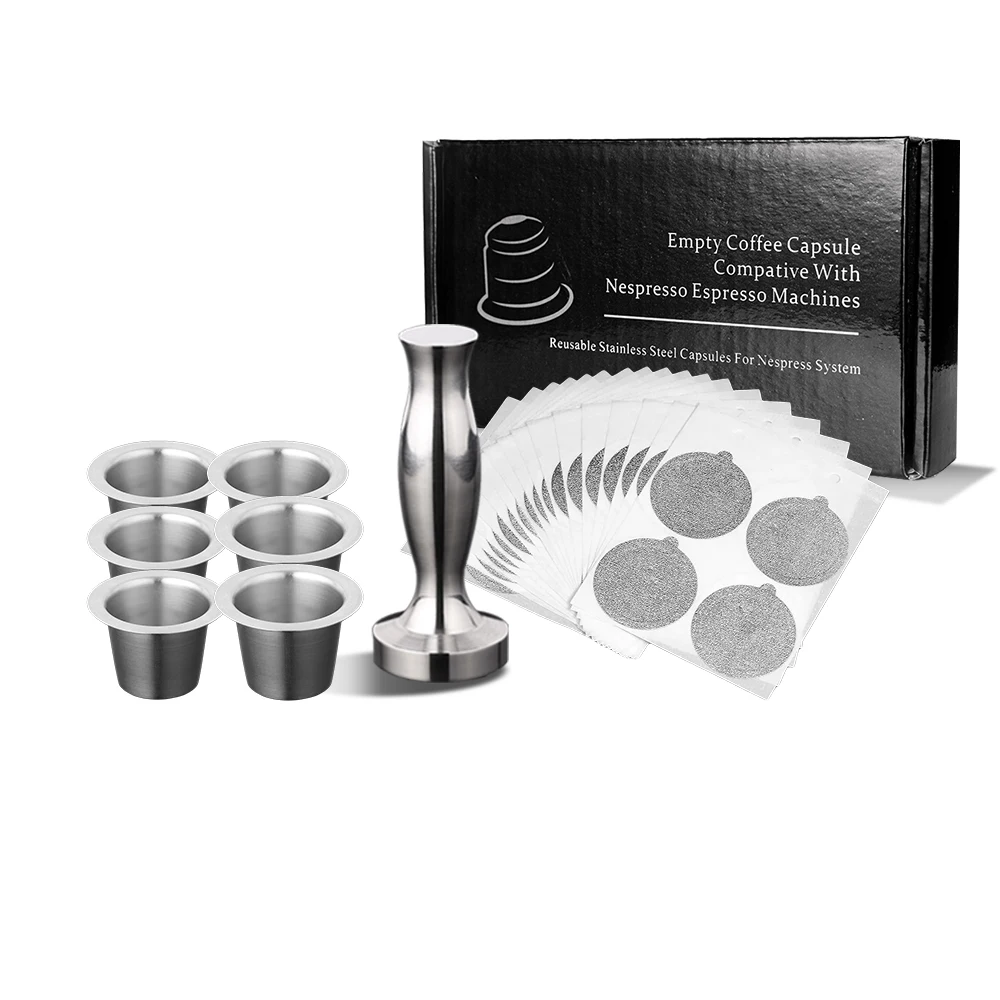 Cápsulas reutilizables de acero inoxidable para máquina Nespresso, cápsulas de café reutilizables con filtro, 120 tapas, 6 cápsulas