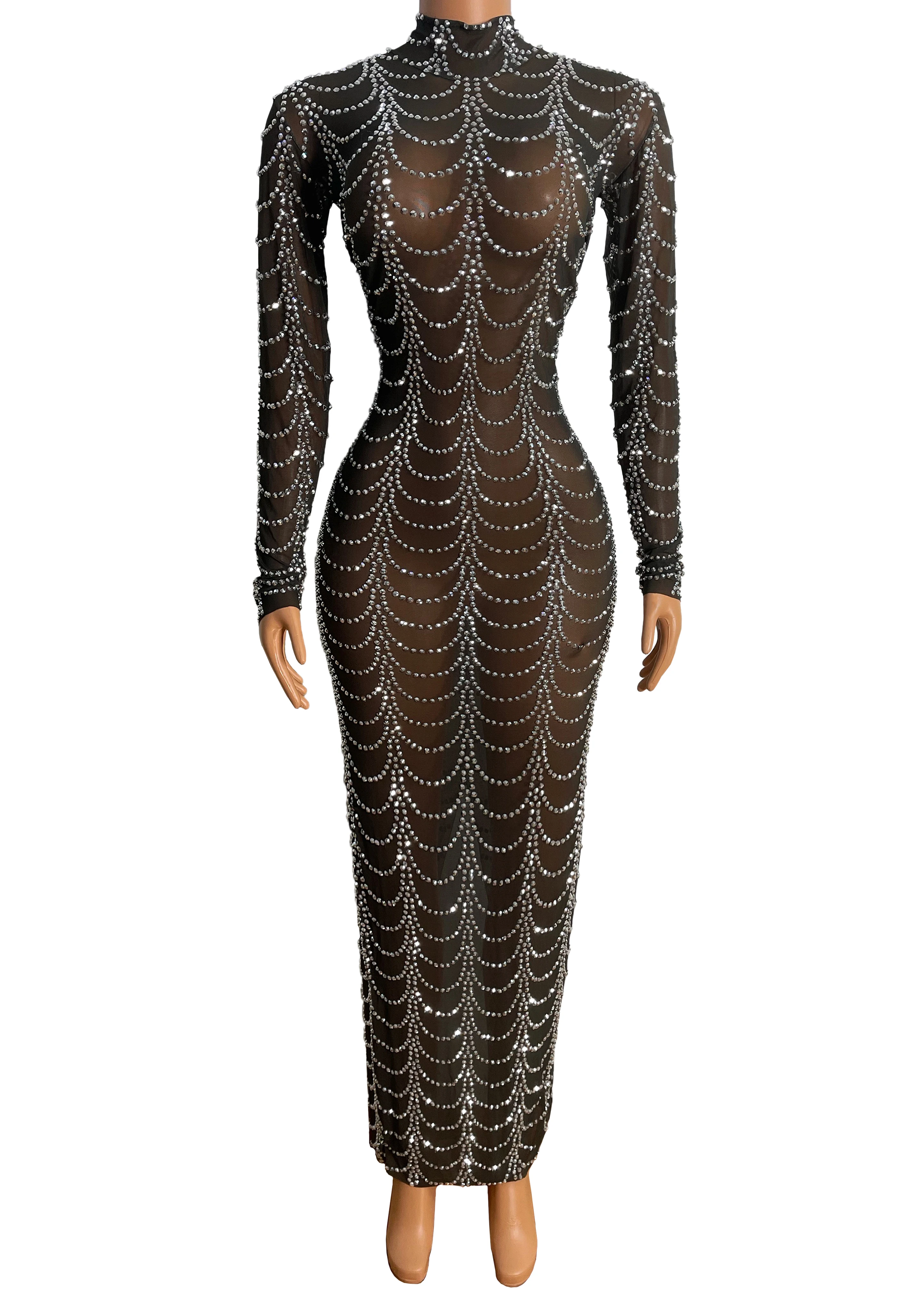 

Black Mesh Sparkly Silver Rhinestones Transparent Dress Women Evening Birthday Celebrate Dance Costume Show Outfit Wear