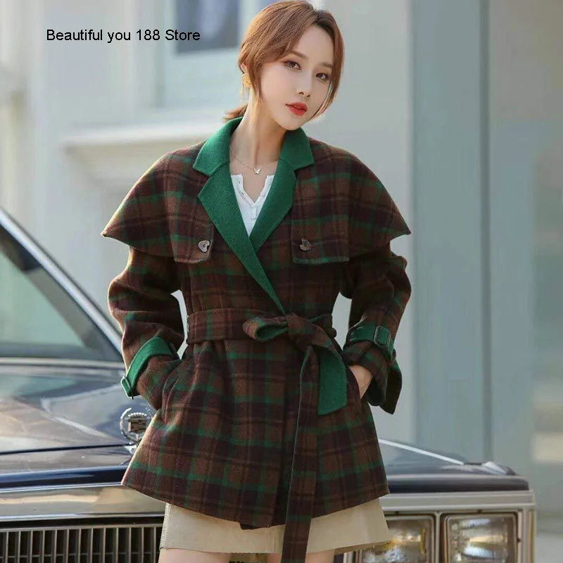 

Fall winter 2020 small shawl bucket poncho double sided cashmere fur overcoat Jacket Women's short
