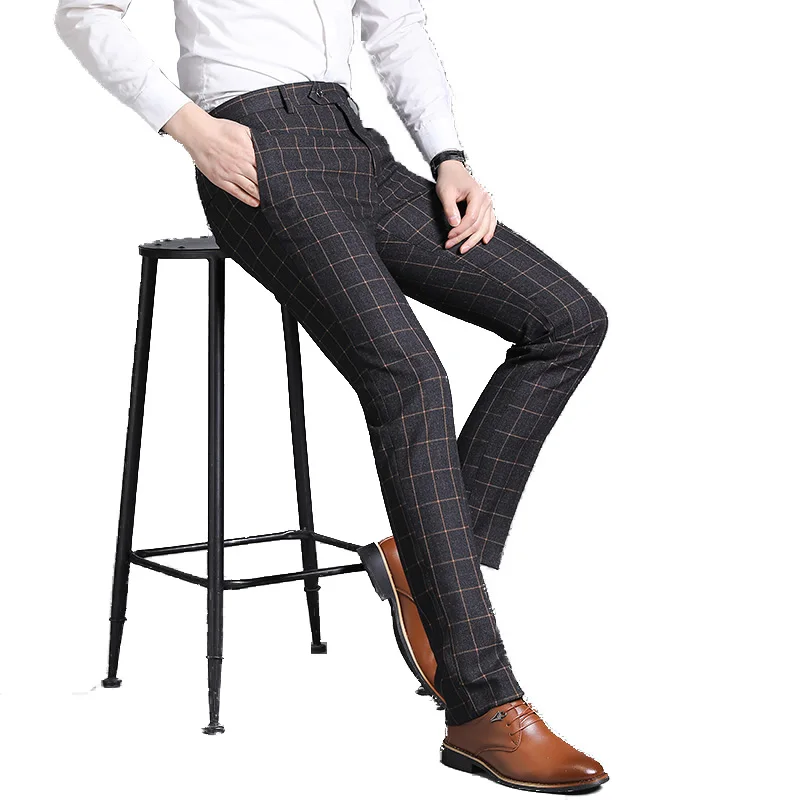 

2022 Fashion Men Business Formal Suit Pants Mens Quality Casual Pants Stretch Men Plaid Trousers Long Straight Classic Slim Pant