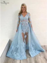 Vestidos de Noche de sirena azul cielo con tren desmontable, mangas largas, Apliques de encaje, ilusión de Organza, para fiesta, baile de graduación, 2020 (3)