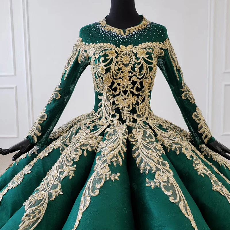 HTL1099 Luxury Green Crystal Evening Dress 2020 Long Sleeve Appliques Beading Ball Gown Lace Up Back Plus Size