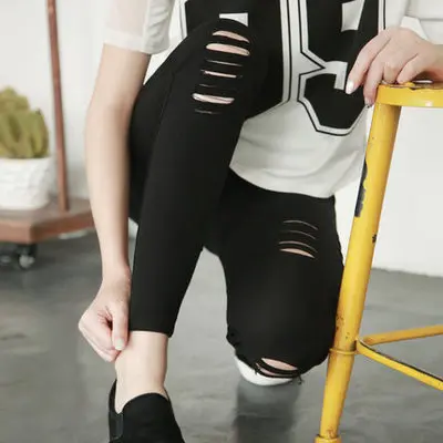 

Womens Skinny Legging with Holes Casual Cotton High Waist Pencil Pants Capris Women Black Ripped Legings Women Leggins Mujer