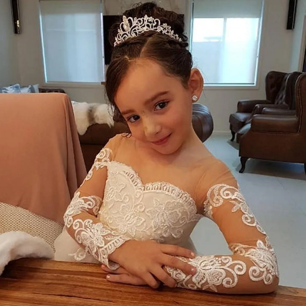 

Full Sleeves Flower Girls Dresses Long Sash Beads Crystals Girls Pageant Gowns Tulle Zipper Kids Birthday Dres