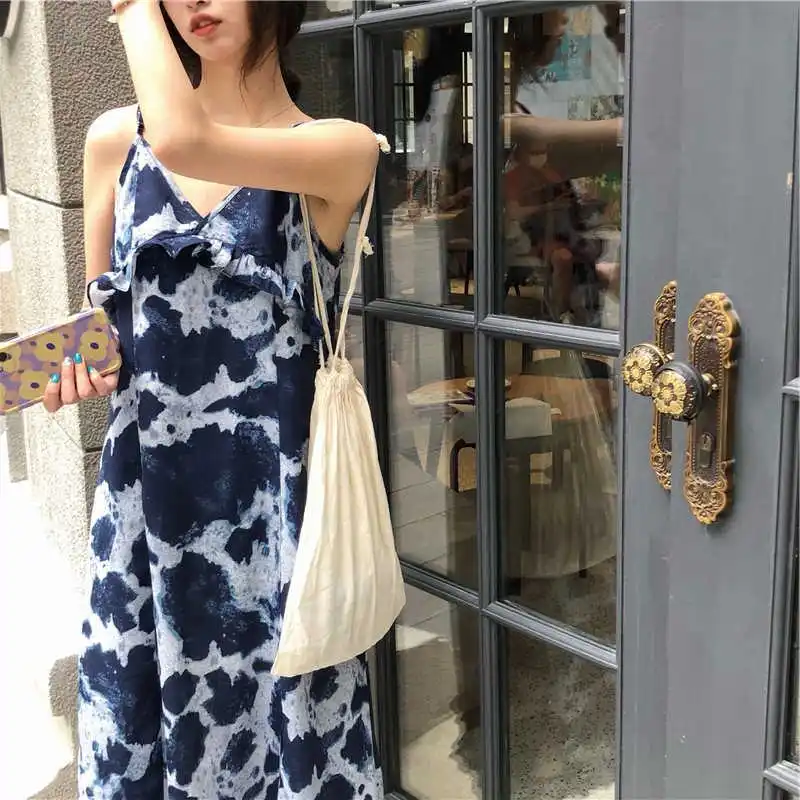 

French Style Retro Tie-Dyed Suspender Dress for Women Summer Small Tall Stem Orange First Love Skirt Mori Style Mid-Length Dress