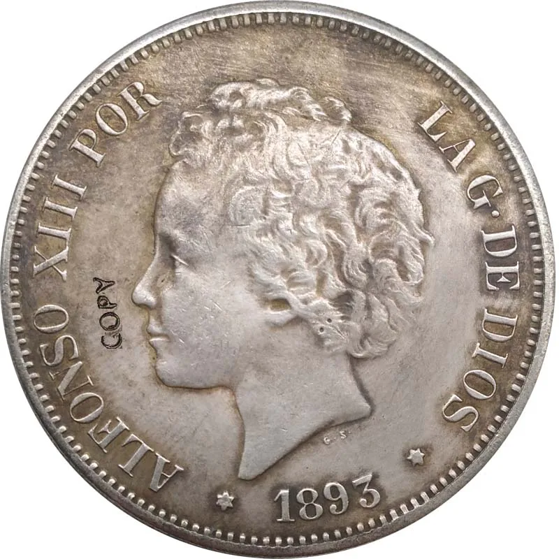 1893 испанские монеты Альфонсо III 5 PESETAS копия монеты|Безвалютные монеты| |