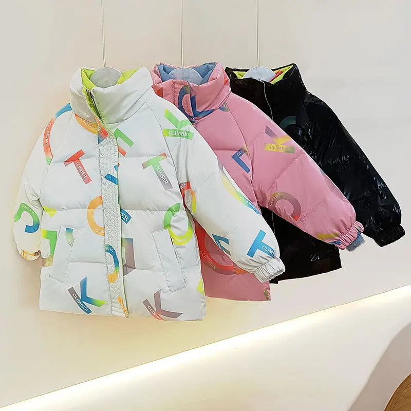 

2021 new children's colorful letter down jacket boys and girls' stand collar bright cotton padded jacket thickened warm jacket