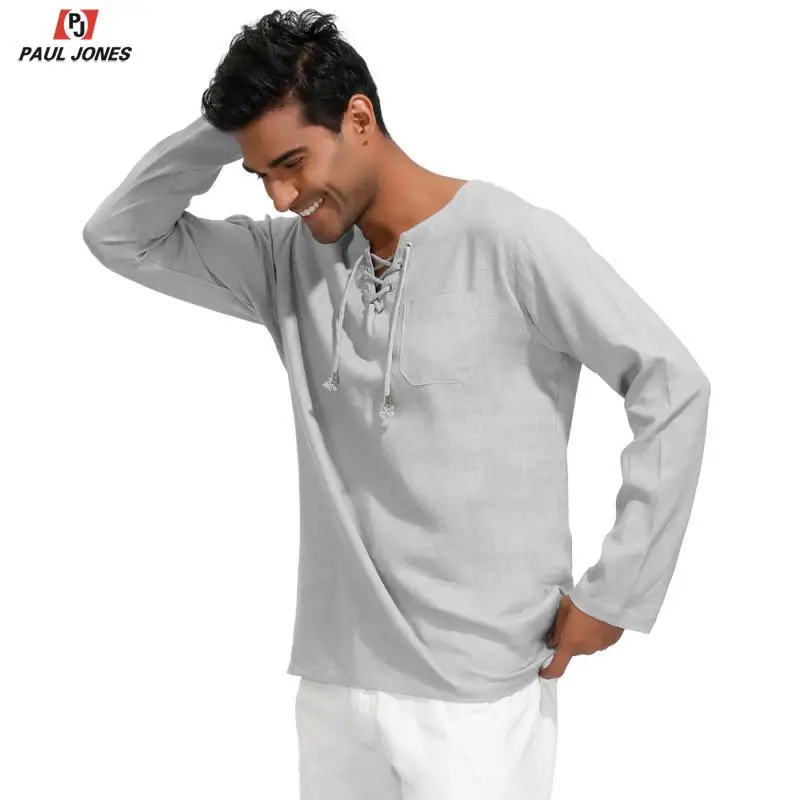 PAUL JONES Мужская рубашка на шнуровке с воротником из вискозы и льна Повседневная