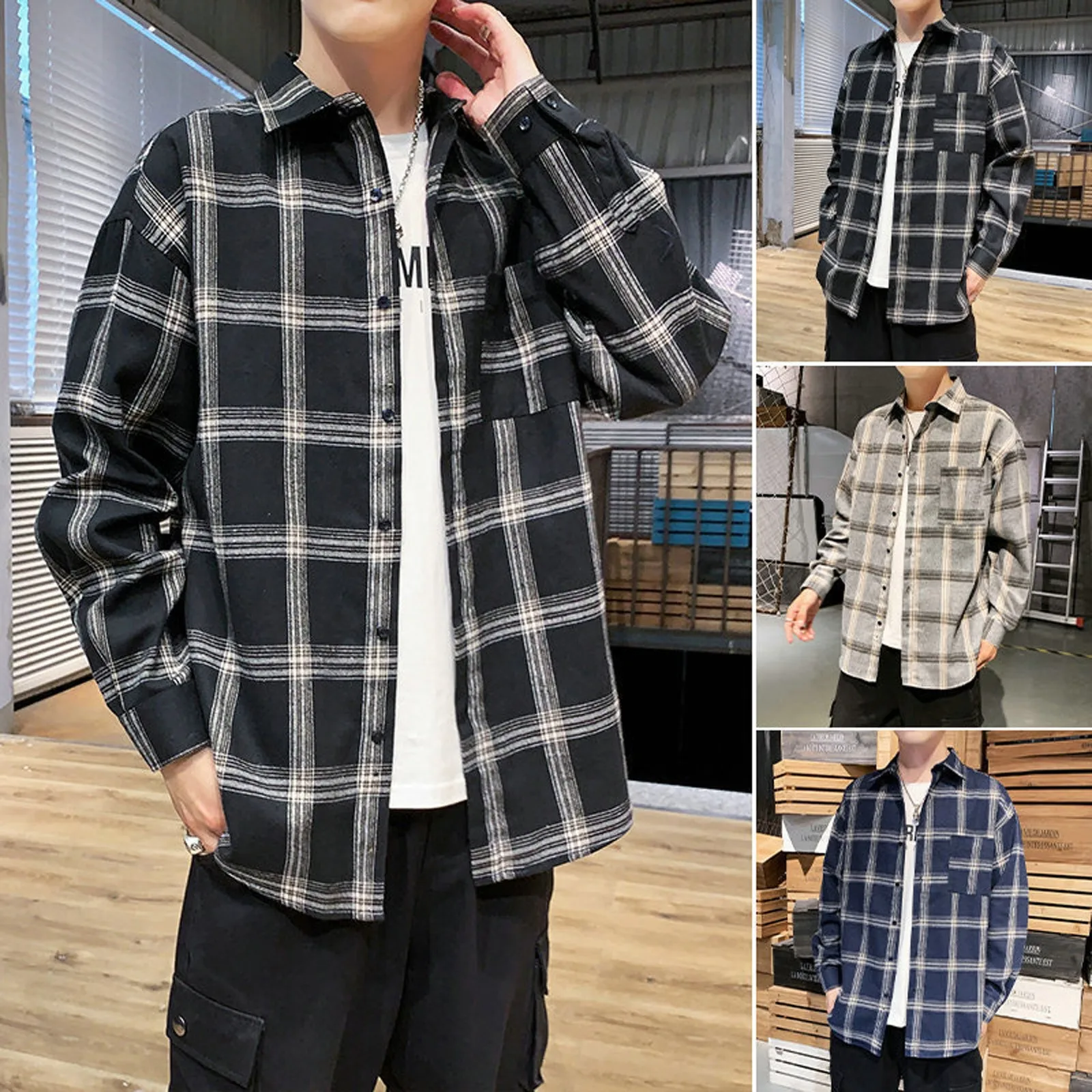 

Men Long Sleeved Turn-Down Collar Casual Plaid Printed Single Breasted Fashion Autumn Winter Shirt Blouse