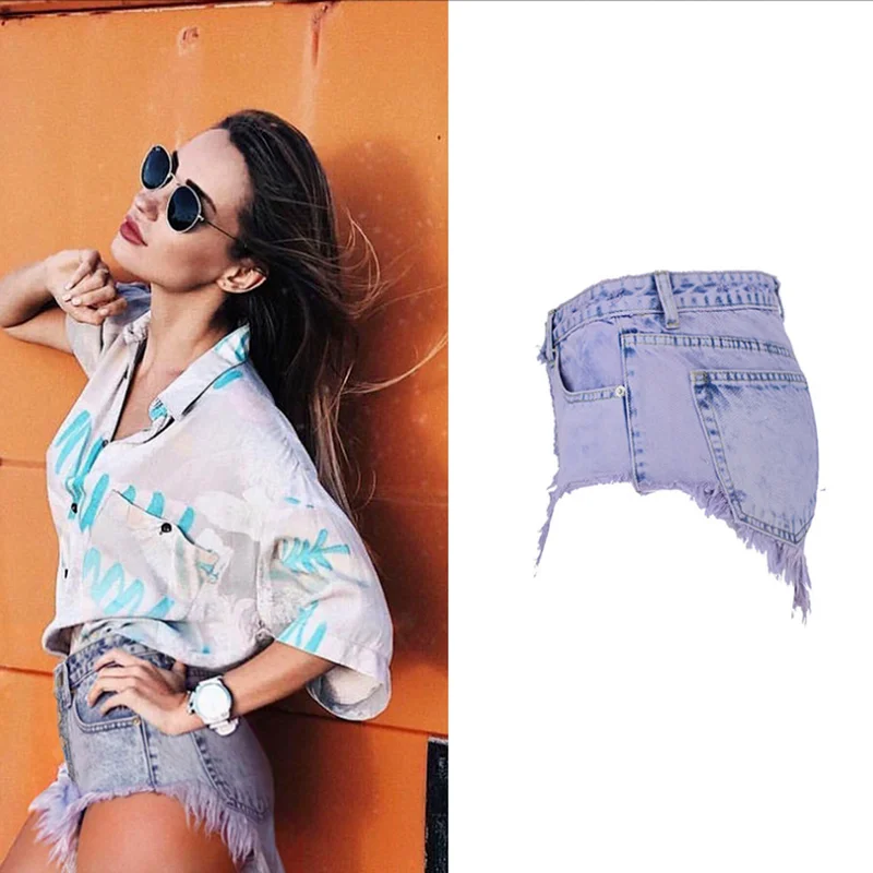 

Summer Women's Jeans New Bohemian Sexy High Waisted Breasted Frayed Water Washed Tie Dye Macaron Purple Shorts Beach Hot Pants