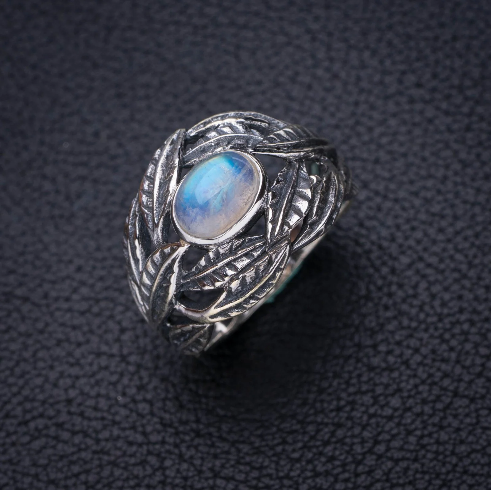 

StarGems природный лунный камень лист ручной работы фотосеребряное кольцо 8,5 E7205