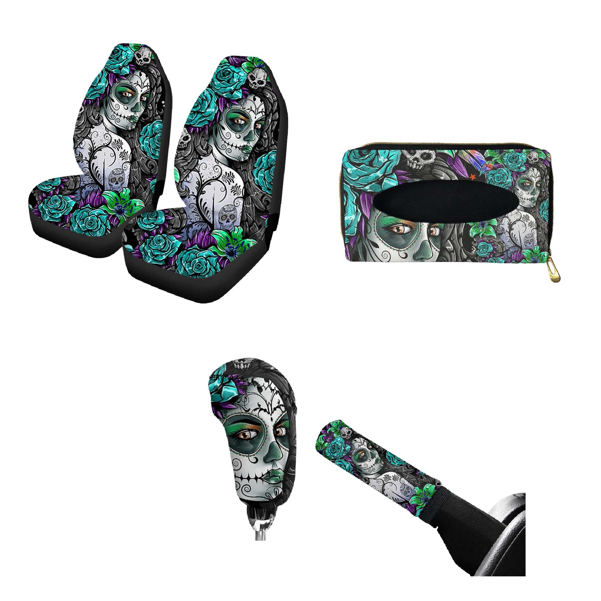 

Day Of The Dead Prints 2Pcs Front Seat Cover Creative Car Hanging Tissue Bag Tissue Box Holder For Car Handbrake Cover 2021 Hots