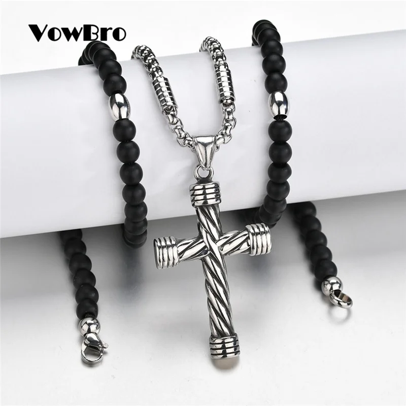 VowBro черный камень Бусины с нержавеющая сталь крест кулон мужские четки ожерелье