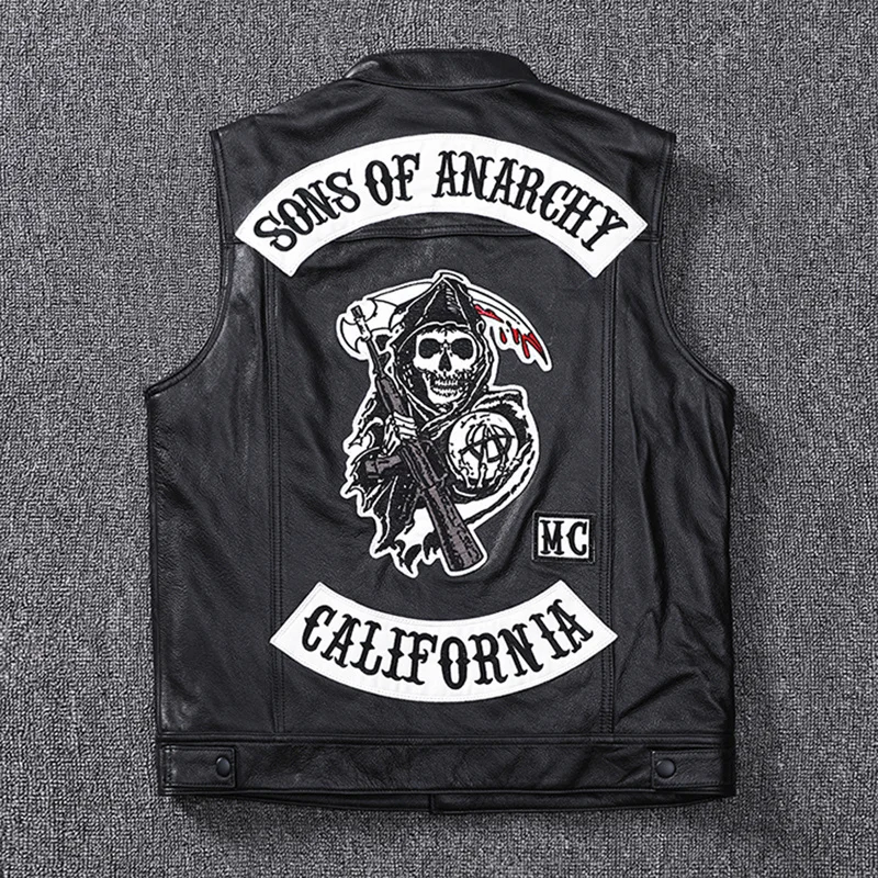 

Fashion 100% Cowskin Sons Of Anarchy Leather Rock Punk Vest Cosplay Costume Black Color Motorcycle Sleeveless Jacket