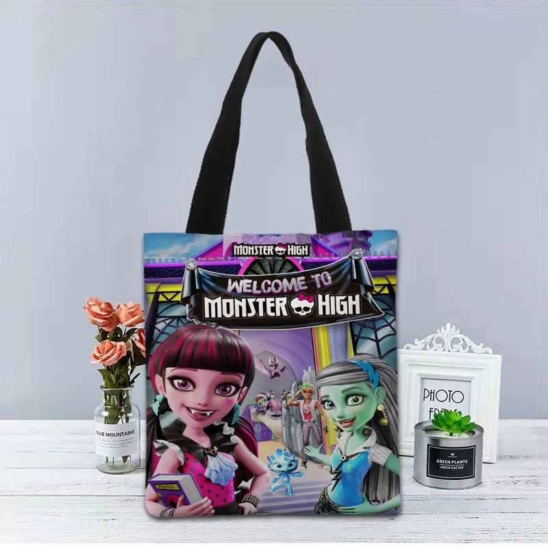 

Custom Monster High Tote Bag Canvas Fabric Handbag Two Sides Printed Shopping Bags Traveling Casual Useful Shoulder Bag 1208