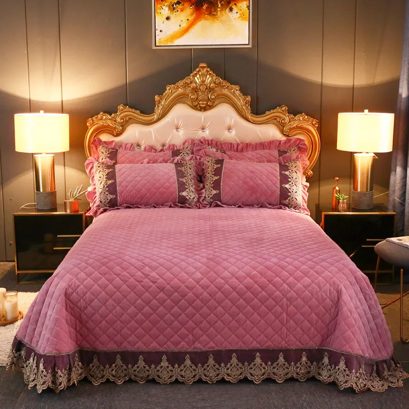 Dark Gray Thicken Flannel Velvet Fleece Quilted Gold Lace Bedspread Pillowcases Bed Cover Sheet Mattress cover Bedding Set | Дом и сад