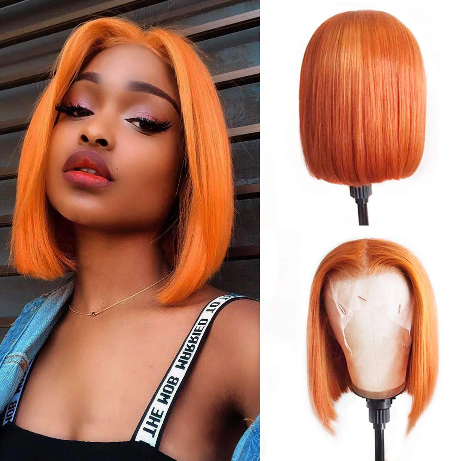 

180% Density Straight Short Bob Ginger Orange Lace Front Synthetic Wig For Black Women With BabyHair PrePlucked Adjustable Strap