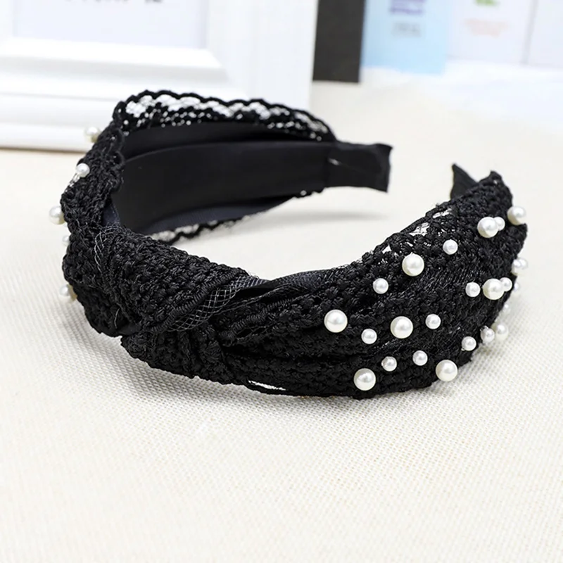 black Корейская жемчужная Кружевная повязка на голову для женщин модный головной убор Топ завязанный ободок для волос Бутик Аксессуары для волос для девочек - Цвет: black