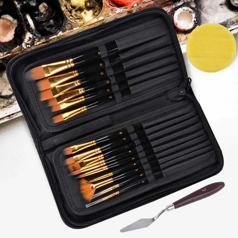 

15Pcs Artist Paint Brush Set Nylon Art Paint Brushes with Case for Gouache, Acrylics, Oil and Watercolor