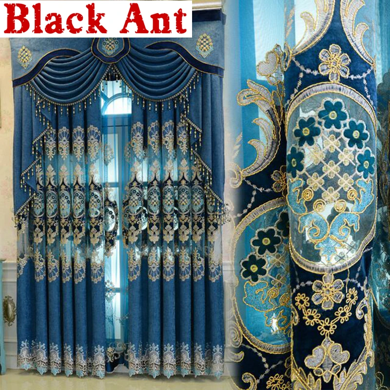 

Europe Palace Dark Blue Semi-Blackout Curtains Bedroom Living Room Villa Door Window Drapes Luxurious Hollow Embroidered M116F