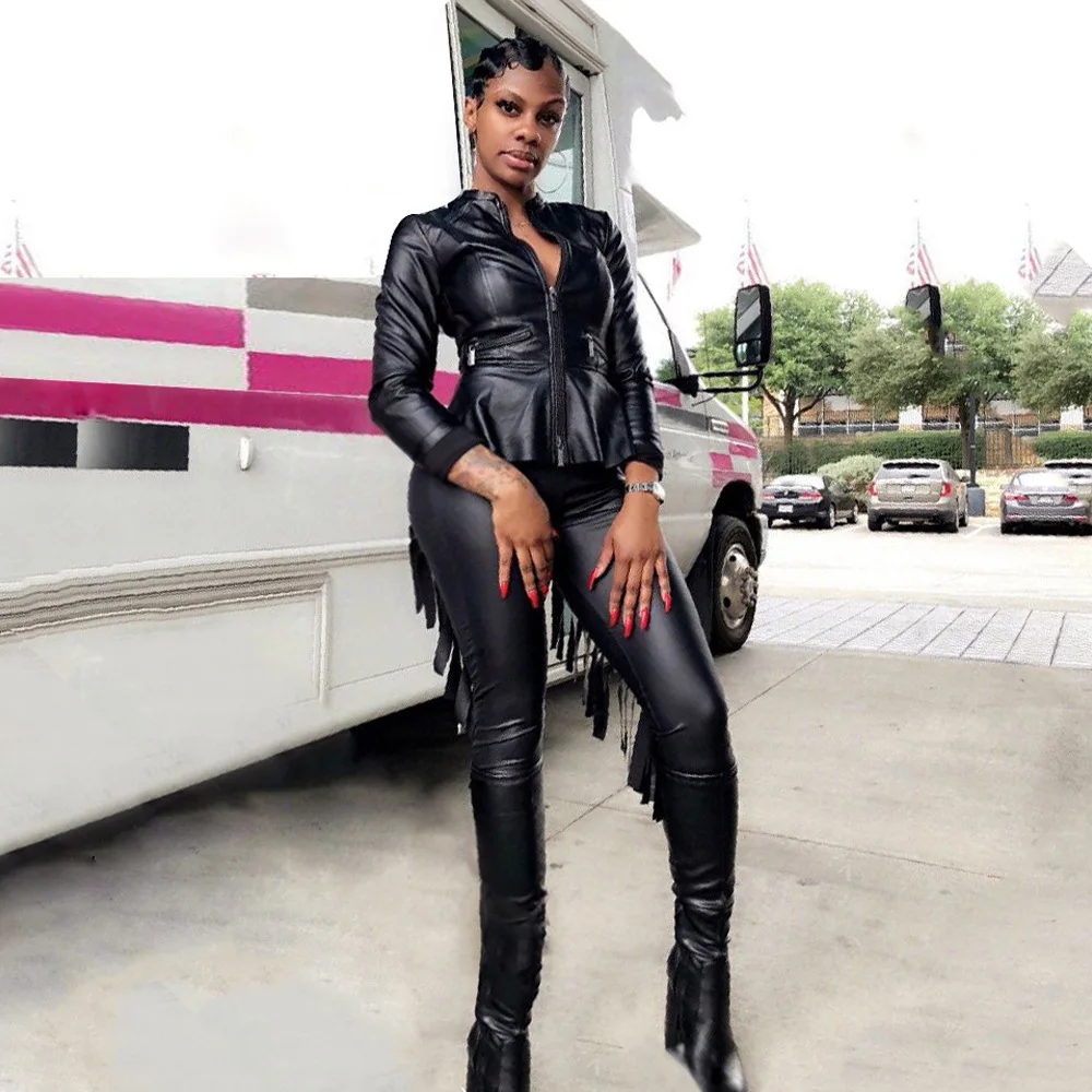 Женский сексуальный костюм в стиле панк из искусственной кожи с бахромой Клубная
