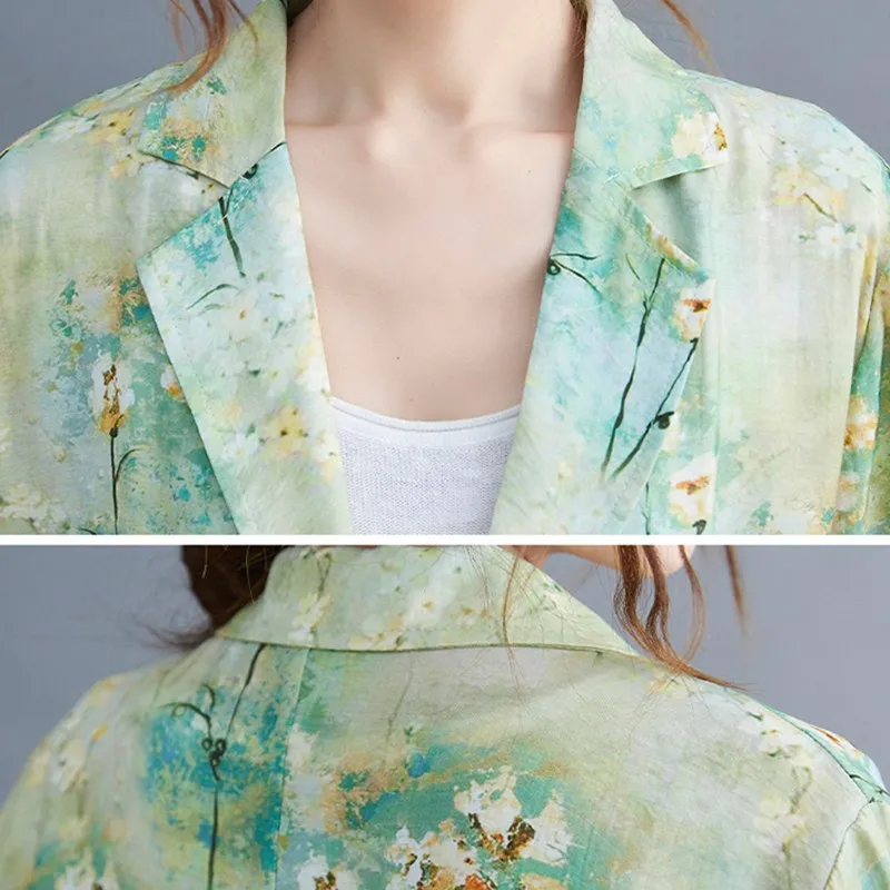 

Women Summer Cotton Linen Casual Blazer Coats New 2021 Vintage Style Floral Print Ladies Half Sleeve Elegant Jackets B809