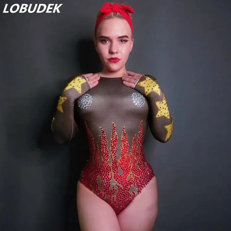 Облегающий боди с 3D рисунком огня стразы эластичное трико со стразами