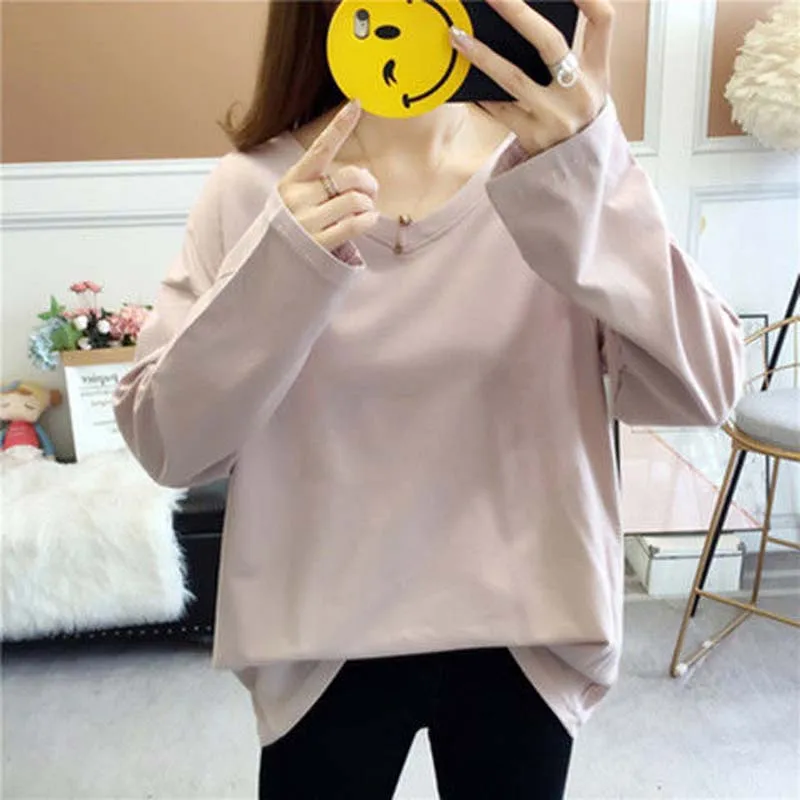 

2021 new women's T-shirts, plus size women's clothing, loose long-sleeved solid color tops, thin girls tops, autumn clothes
