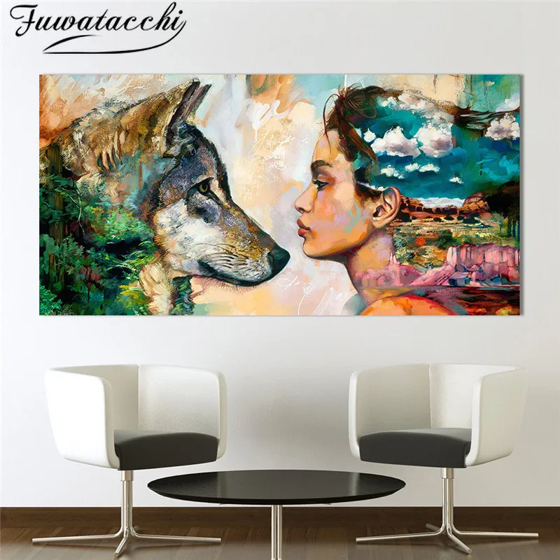 Fuwatacchi Abstract Oil Painting Poster Large Size Canvas Wolf and Girl Prints Wall Hanging Pictures Printings for Living Room | Дом и сад