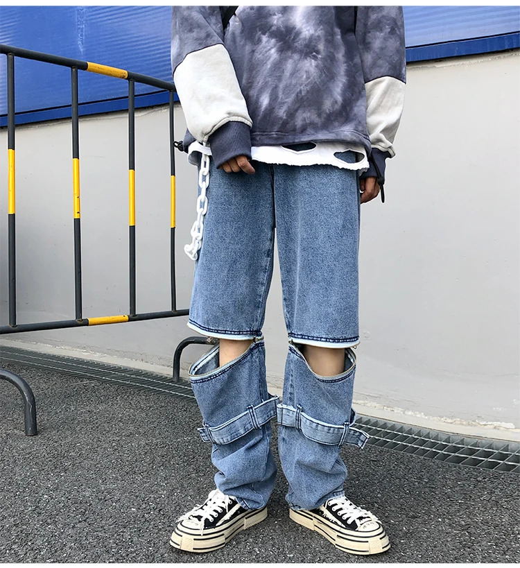 Мужские и женские уличные панк корейские джинсы Harajuku съемное кольцо с молнией пояс Завитая лента свободные джинсовые женские укороченные брюки больших размеров шаровары Хип-хоп