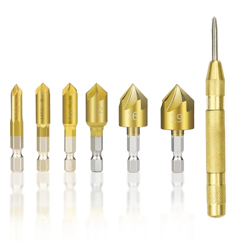 

Hex Shank Countersink Drill Bit 6-19mm Set Titanium Coated 5 Flute Hole Drill 90 Degrees Wood Chamfering Cutter