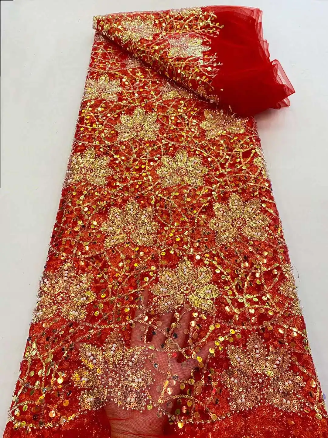 

French Mesh Lace Fabric Swiss Tulle Embroidery Sequins Tube Beads Craft Sewing Banquet Party Wedding Dress Clothes 5 Yards Bpodq