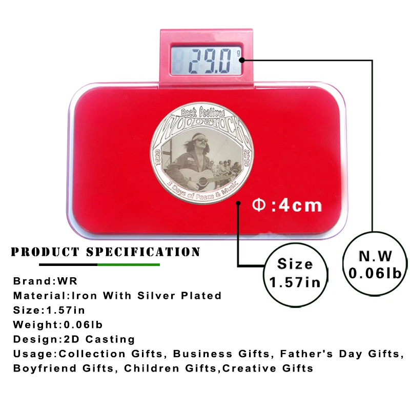 Памятная Серебряная монета с держателем праздник в честь 50-летия Woodstock рок-музыка