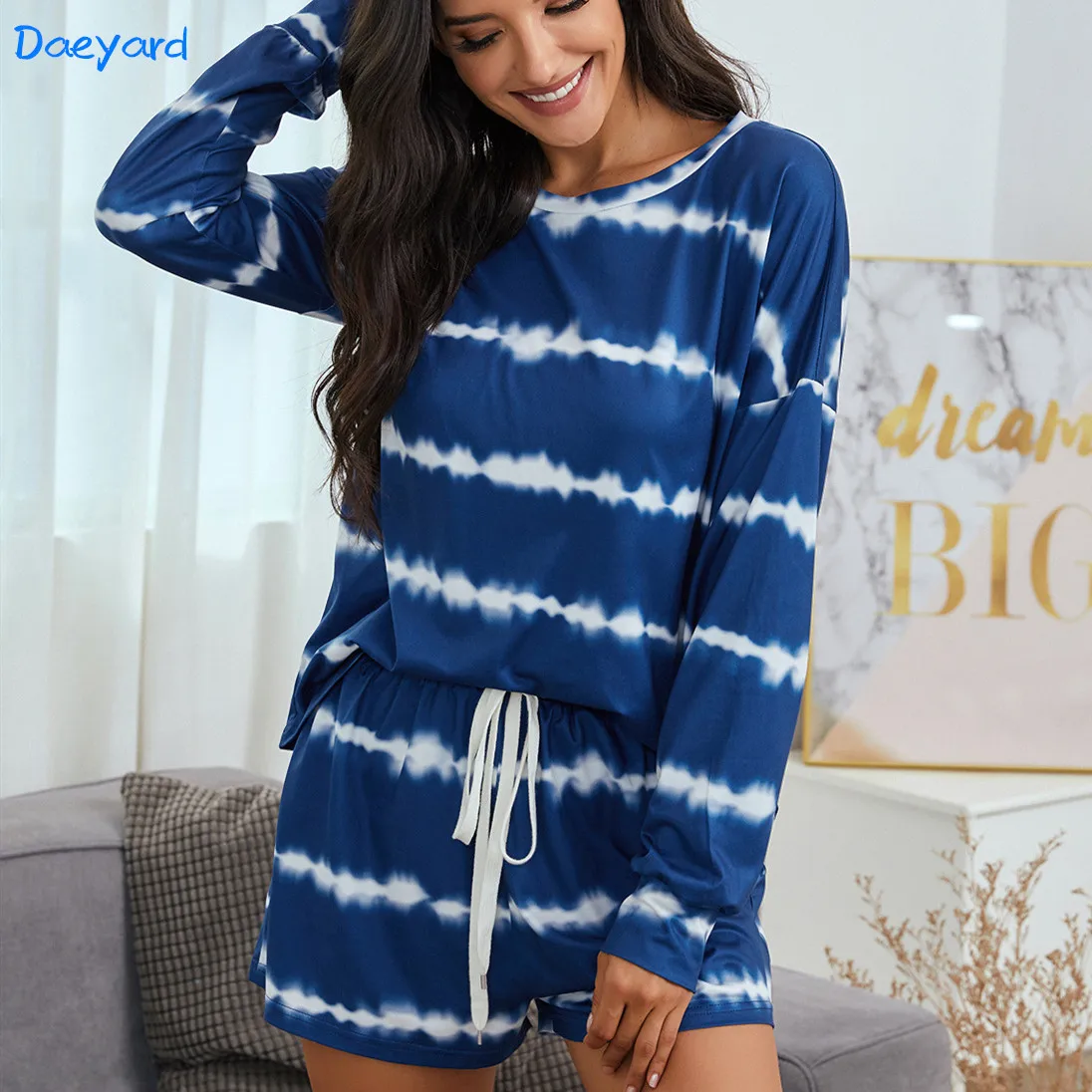 

Daeyard Knitted Tie-dye Pajama Set Spring Summer Long Sleeve Shirts And Shorts 2 Pieces Pyjamas Sleepwear Women Leisure Homewear