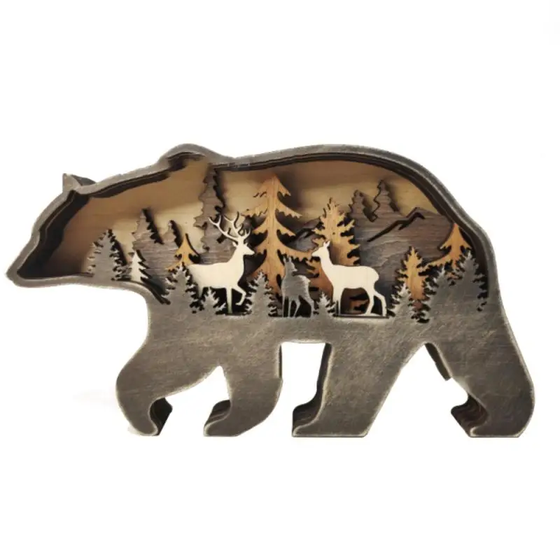 

1pcs Mini Polar Bear Elk Wooden Craft Figurine DIY Wall Garden Office Landscape Ornaments Lawn Decor Accessories