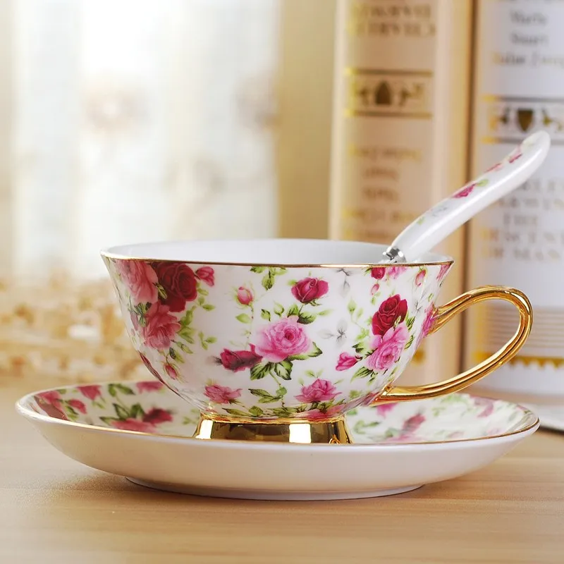 

British Style Pink Bone China Coffee Cup and Saucer Set High-end Afternoon Tea Pastoral Style Flower Tea Cup