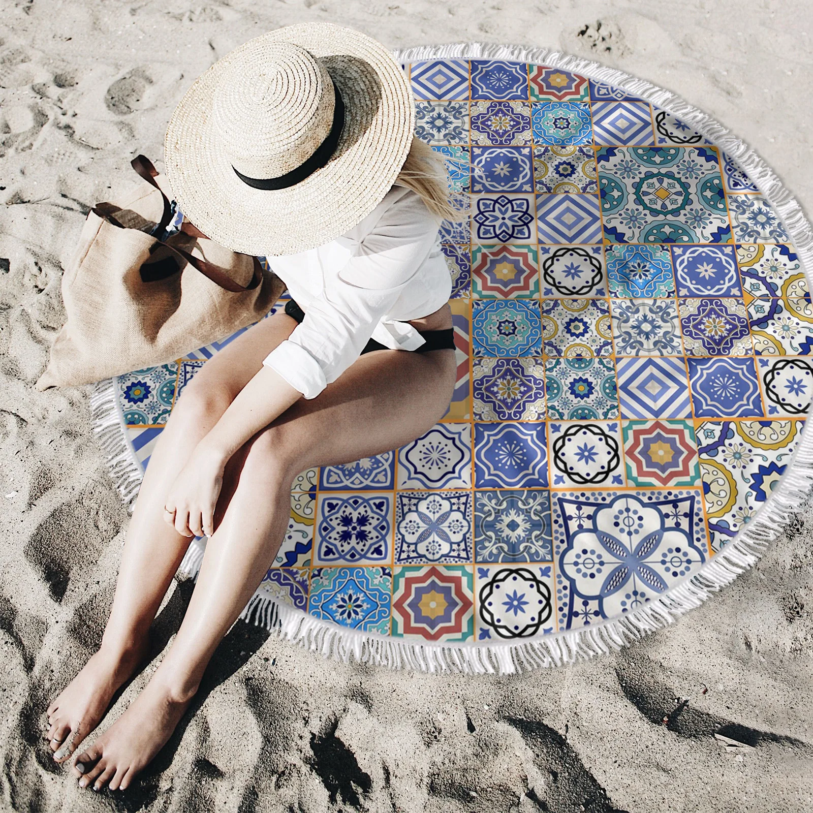 Марокканская плитка красочное круглое пляжное полотенце с принтом арабики