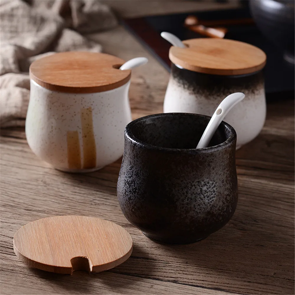 

Винтажная керамическая банка для приправ в Корейском стиле с крышкой и ложкой, простой Кухонный Контейнер для закусок, Скандинавская банка ...