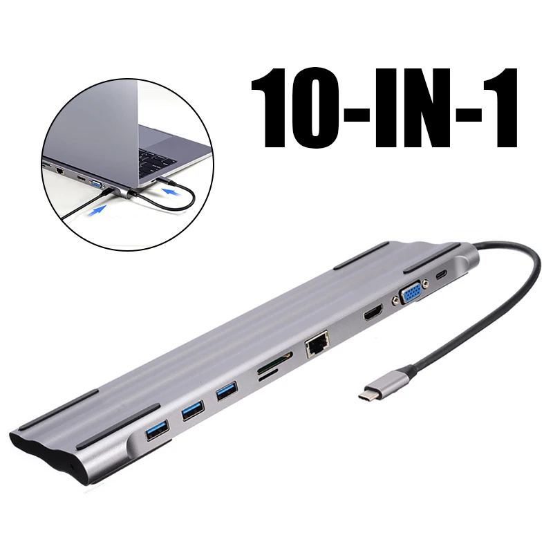 Многофункциональный Тип usb C док-станция для тестирования 10 в 1 взаимный обмен данными между компьютером и периферийными устройствами 3,0 концентратор с 3,5 мм Аудио HDMI RJ45 USB-C PD VGA кард-ридер Порты