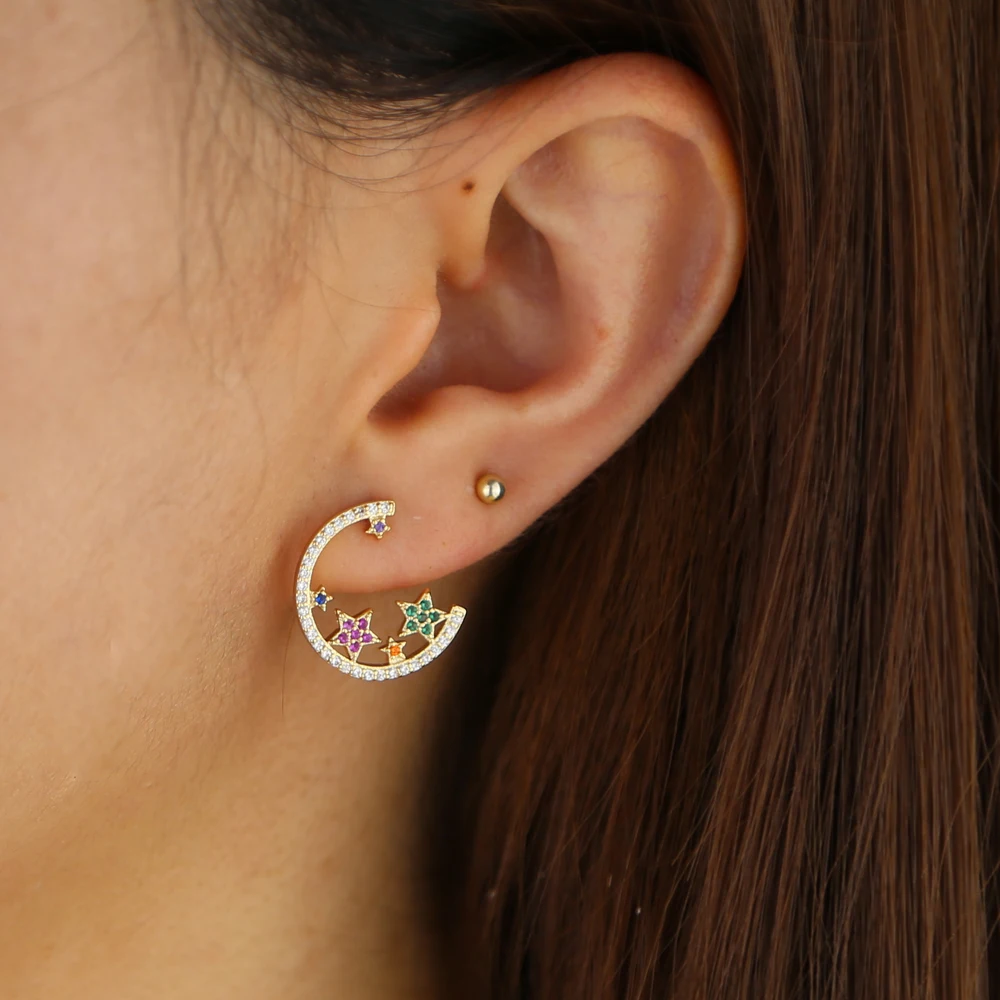 Женские серьги гвоздики с фианитами позолоченные подвесками в виде звезд нежные