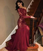 sexy one shoulder prom dresses burgundy color with long sleeve lace appliques trumpet evening gowns formal reception vestidos