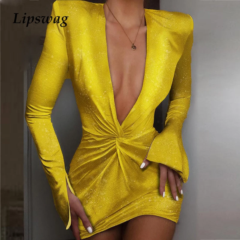 Для женщин сексуальная сатиновая Ночная сорочка Bodycon Вечерние Платье осеннее сексуальное нижнее белье с глубоким v-образным вырезом и рюшами; Клубное платье-мини-платье, женские элегантные платья с длинным рукавом блестящие платья Vestidos