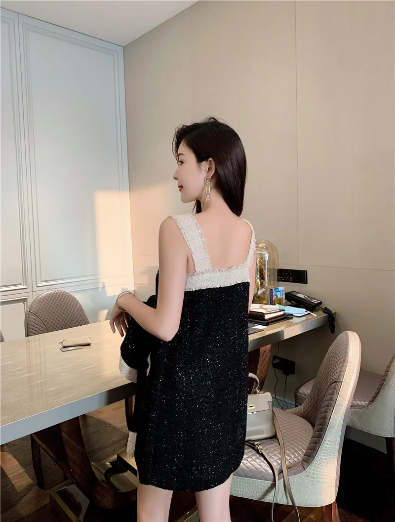 

Autumn Winter Fashion Women Tweed 2 Piece Set Vintage Black Short Jacket Coat Woolen Blends Sling Mini Dress Suits Party Clothes