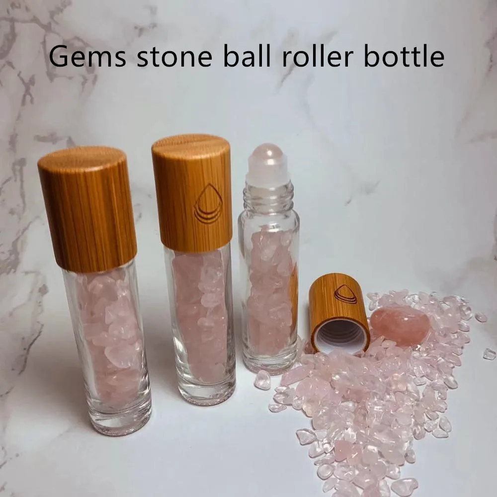 

10ml Glass Rose Quartz Crystal Stone doterra Essential Oils Massage Roller bottles Roll On Perfume bottle bamboo cap Jade ball
