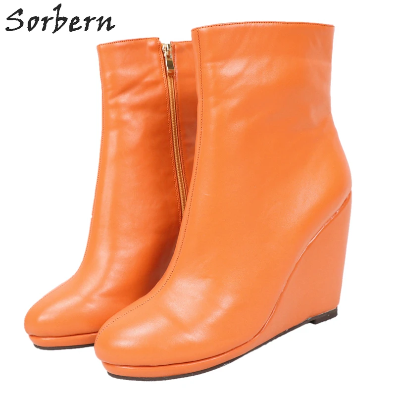 

Sorbern; оранжевые ботинки на танкетке; женские ботильоны; зимние стильные короткие ботиночки; цвет под заказ; большие размеры 34-46