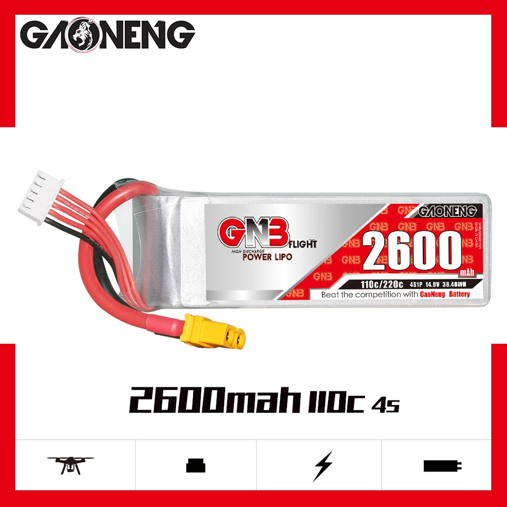 

Gaoneng GNB 2600mAh 4S1P 14.8V 110C/220C Lipo Battery With XT60 Plug For RC Car Boat Helicopter Airplane FPV Racing Drone Parts